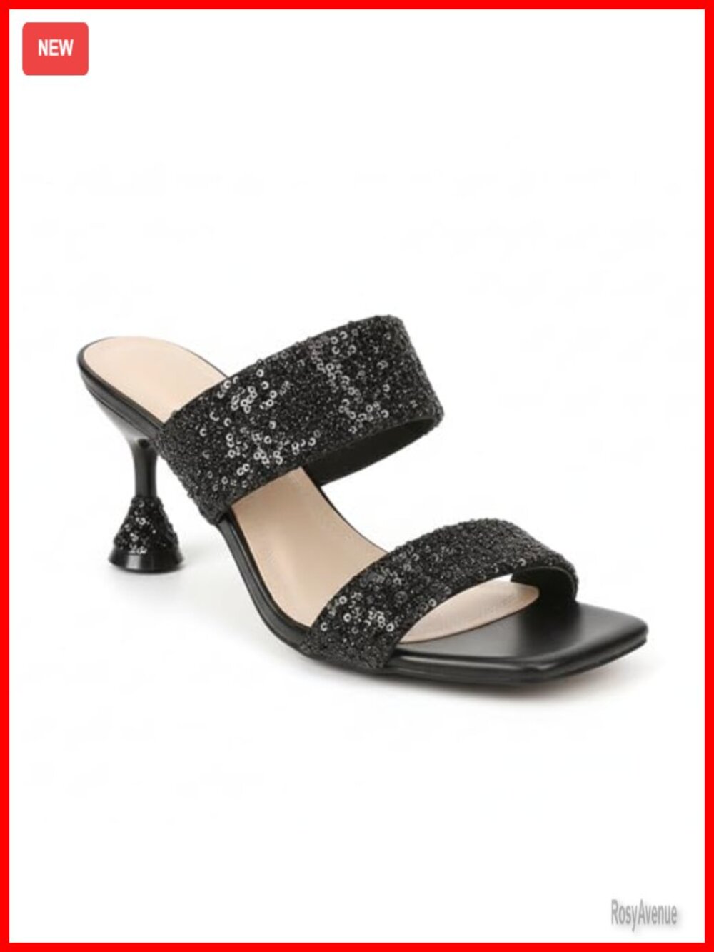 Square Toe Heeled Mule Sandals Slip On Two Strap Sequin Party Wedding Heels